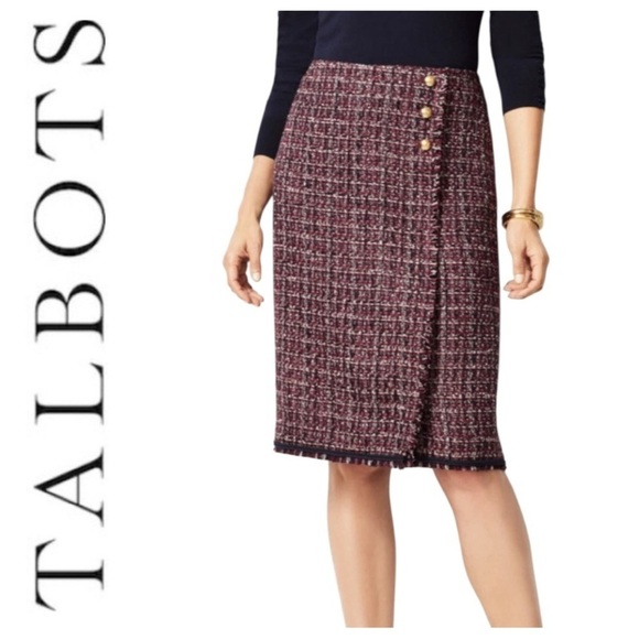 Talbots Dresses & Skirts - Talbots Burgundy Navy Gray Tweed Faux Wrap Skirt Size 4 Career Wear